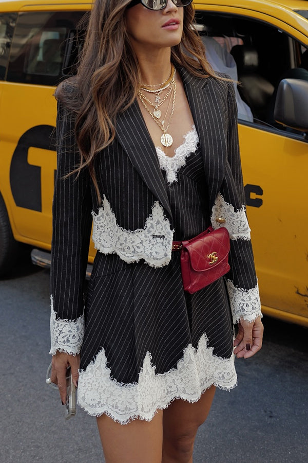 Emily in Paris Striped Lace Trim Lapel Crop Loose Blazer | Consonak