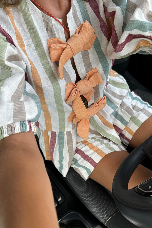 Nikita Linen Blend Striped Knotted Puff Sleeve Top and Elastic Waist Pocket Shorts Set-consonak