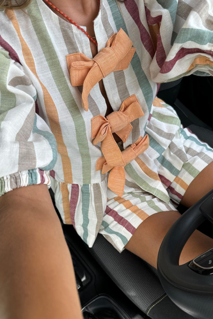 Nikita Linen Blend Striped Knotted Puff Sleeve Top and Elastic Waist Pocket Shorts Set-consonak