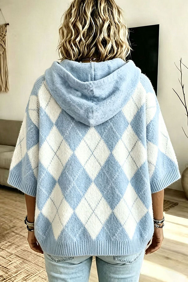 Comfortable and Casual Knit Color-blocked Plaid Print Half Sleeve Hoodie Sweater-Consonak