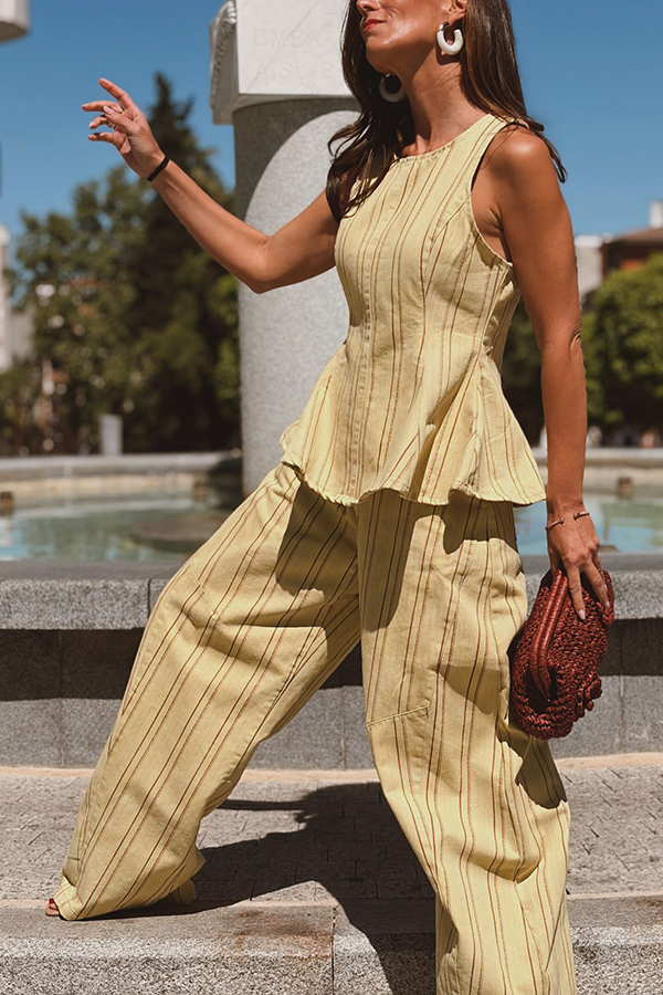 City Outfit Striped Peplum Hem Top and Elastic Waist Pocket Wide Leg Pants Set | Consonak