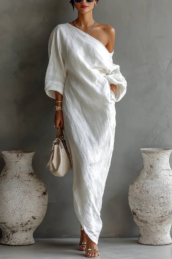 Linen Blend Loose-fitting Slanted Neck Lantern Sleeve Casual Maxi Dress | Consonak