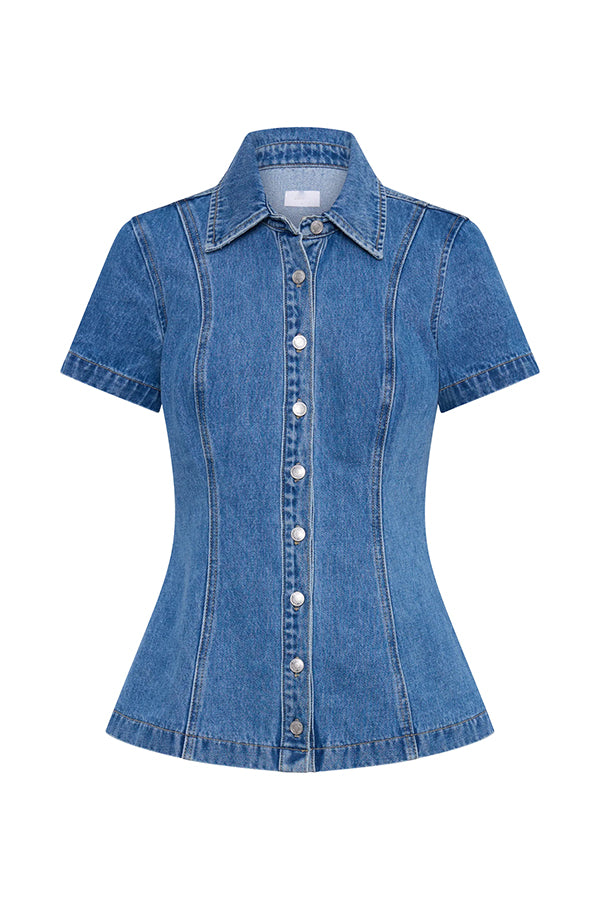 Modern Flavor Denim Short Sleeve Button Up Princess Seams Stretch Top | Consonak