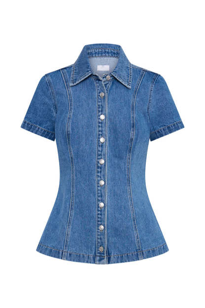 Modern Flavor Denim Short Sleeve Button Up Princess Seams Stretch Top-consonak