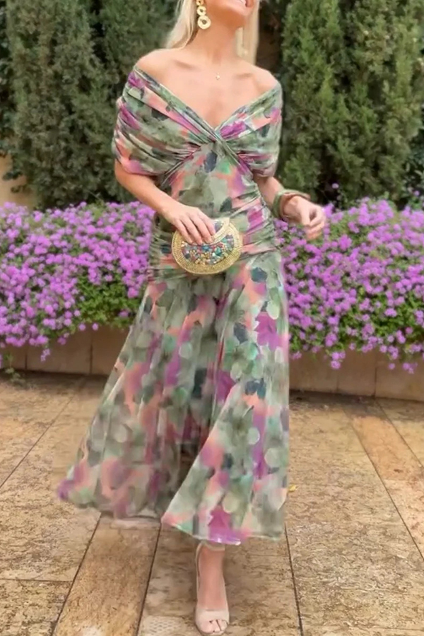 Unique Printed V-Neck Waisted Mesh Holiday Maxi Dress-consonak