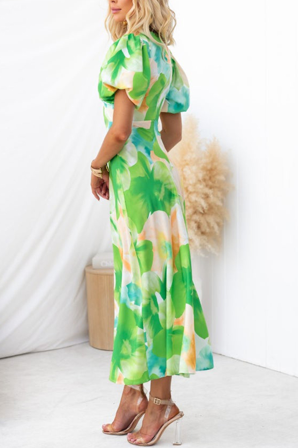 Sophia Floral Print Satin Puff Sleeve Twist Bust Cutout Midi Dress-consonak