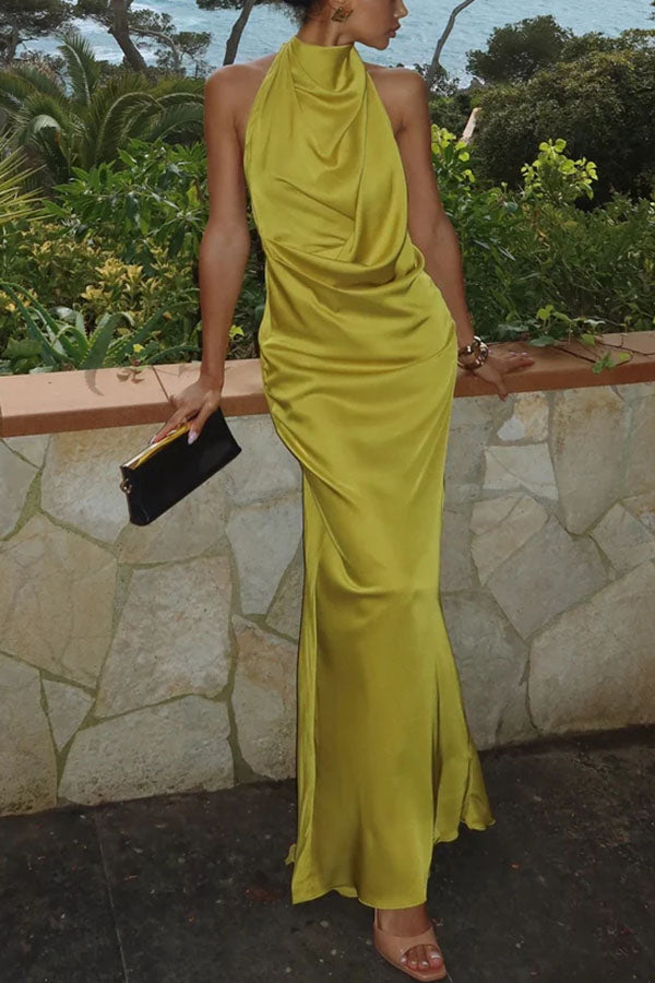 Elegant and Refined Satin Halter Draped Neck Backless Maxi Dress-consonak