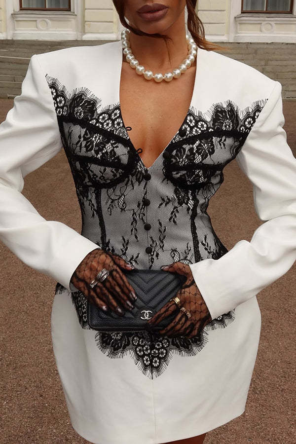 Saela Contrast Lace Corset Design V-neck Long Sleeve Tulip Mini Dress-consonak