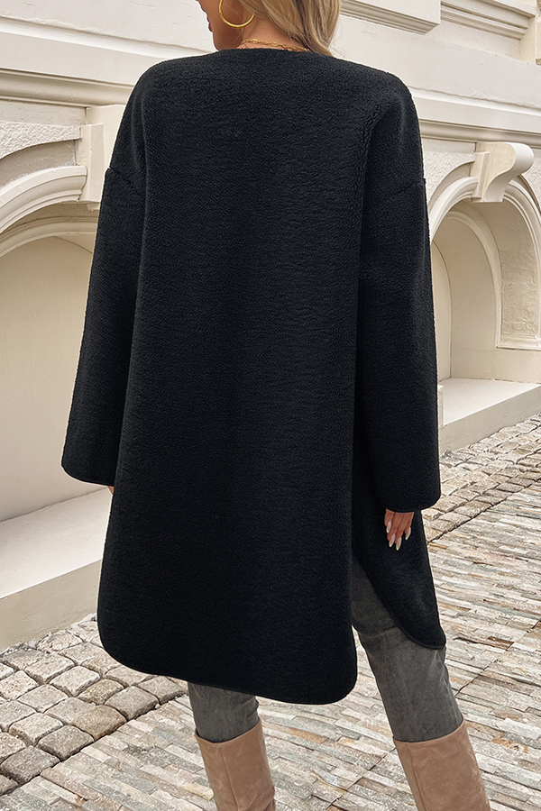 Solid Color Casual Cardigan Buttoned Pocket Mid-length Coat-consonak