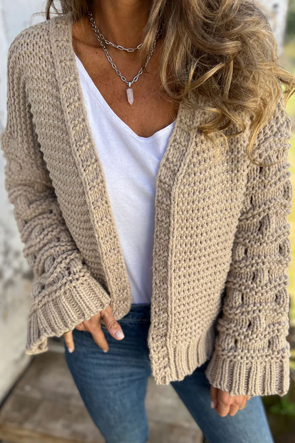 Fashion Knit Solid Color V-neck Long-sleeved Cardigan-consonak