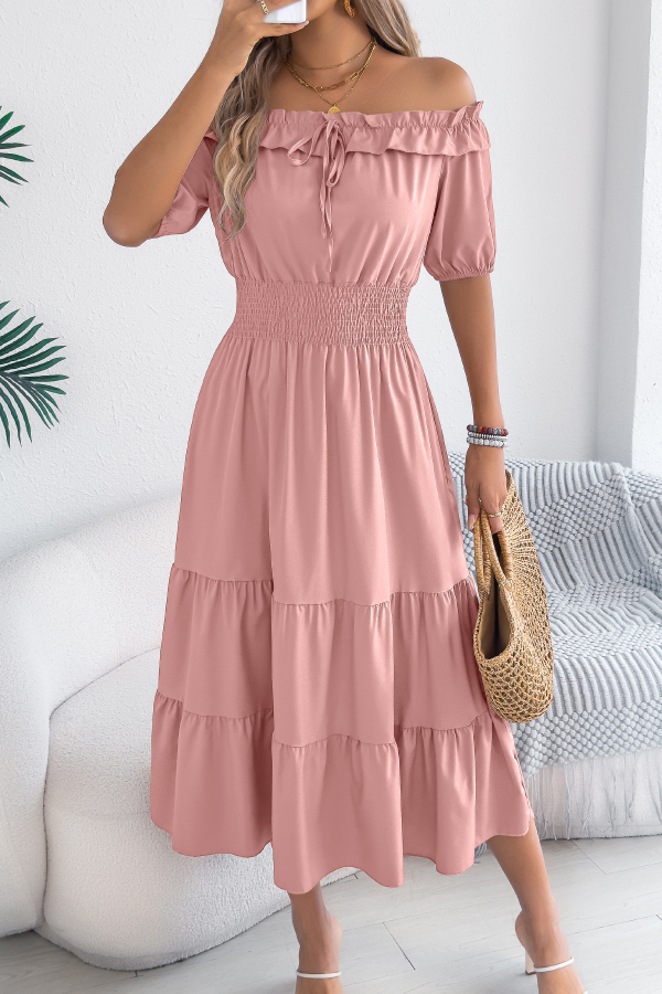Stylish Off-shoulder Short-sleeved Pleated Waist Casual Midi Dress-consonak