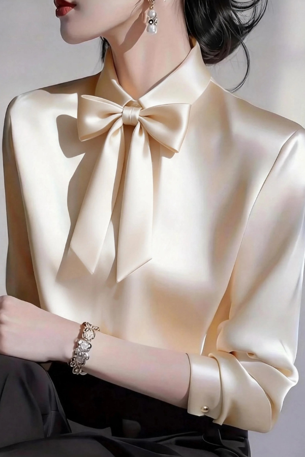 Solid Color Lapel Bow Tie Long-sleeved Casual Shirt-consonak