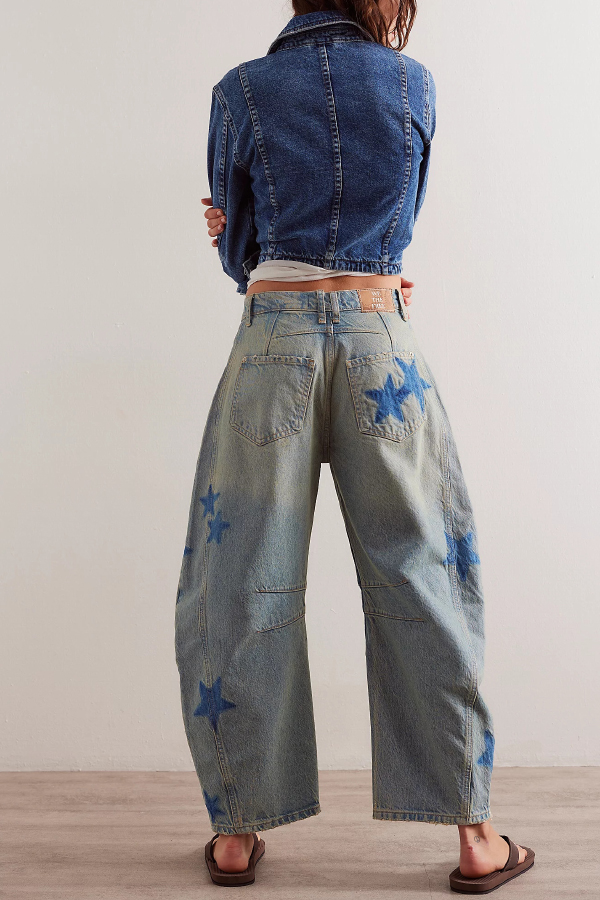 Fashionable Printed Casual Loose Mid-rise Pocket Leg Jeans