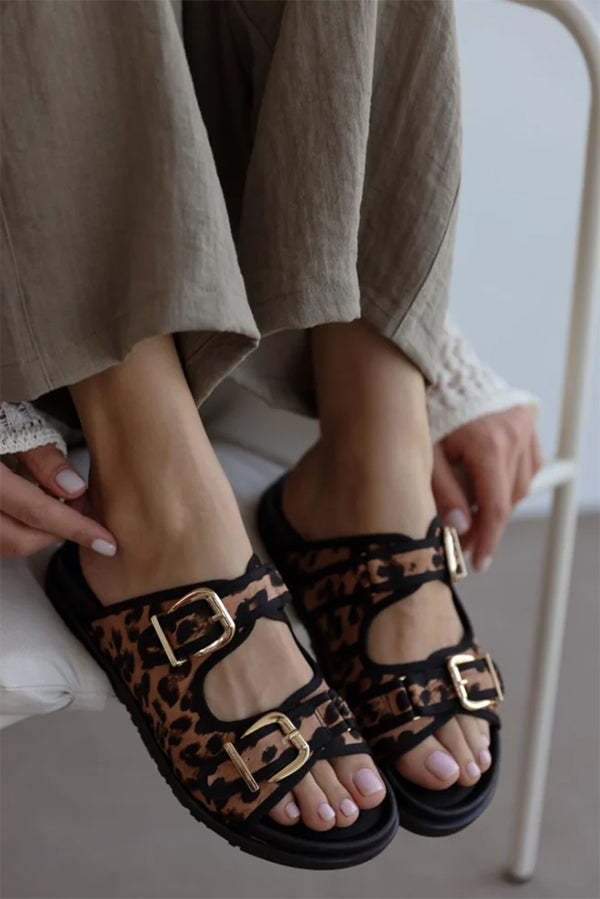 Leopard Print Double Button Women's Slippers-consonak