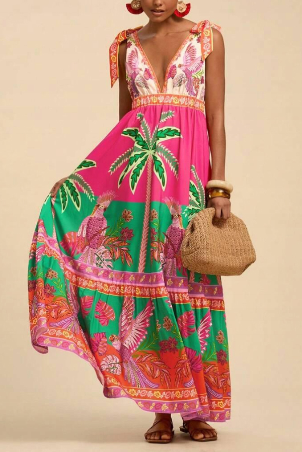 Tropical Rainforest Print Loose V-neck Casual Vacation Maxi Dress