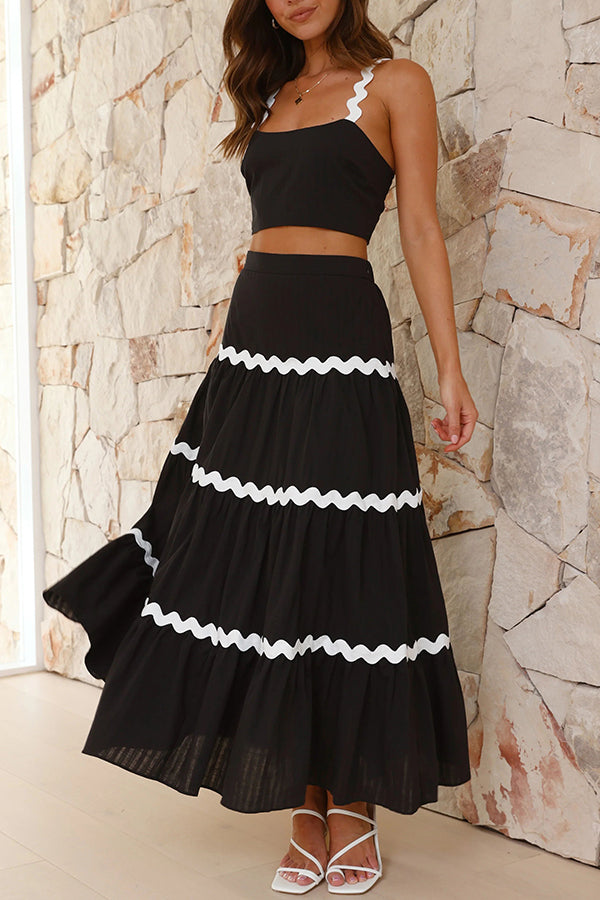 Island Beauty Wave Trim Patchwork Crop Tank and Elastic Waist Skirt Set-consonak