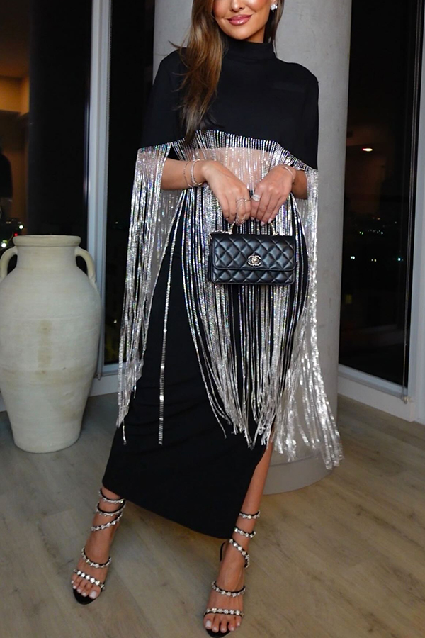 New Level Shiny Tassel Stand Neck Crop Cape Blouse | Consonak