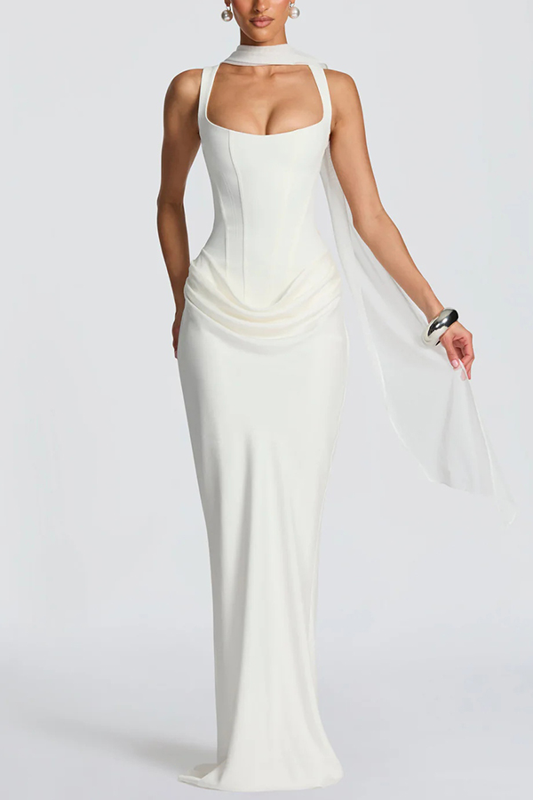 Larrah Square Neck Back Lace-up Satin Drape Hem Maxi Dress | Consonak