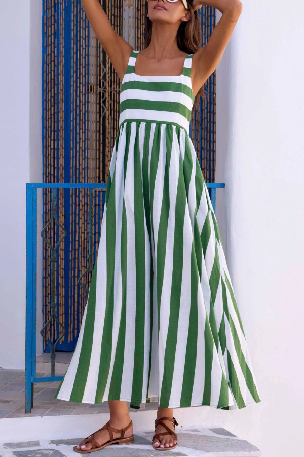Fashionable Striped Printed Square Neck Sleeveless Casual Vacation Maxi Dress