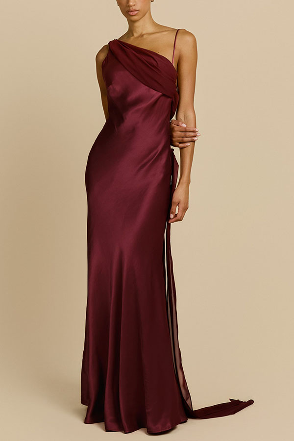 Helena Satin Asymmetric Neckline Contrast Chiffon Detail Backless Maxi Dress