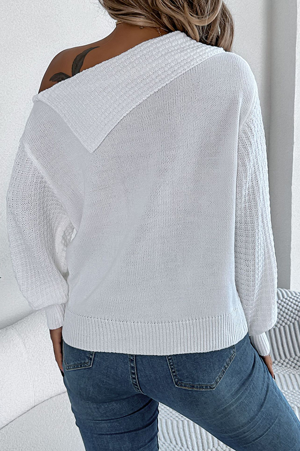 Solid Color Casual One Shoulder Long Sleeve Knitted Sweater-consonak