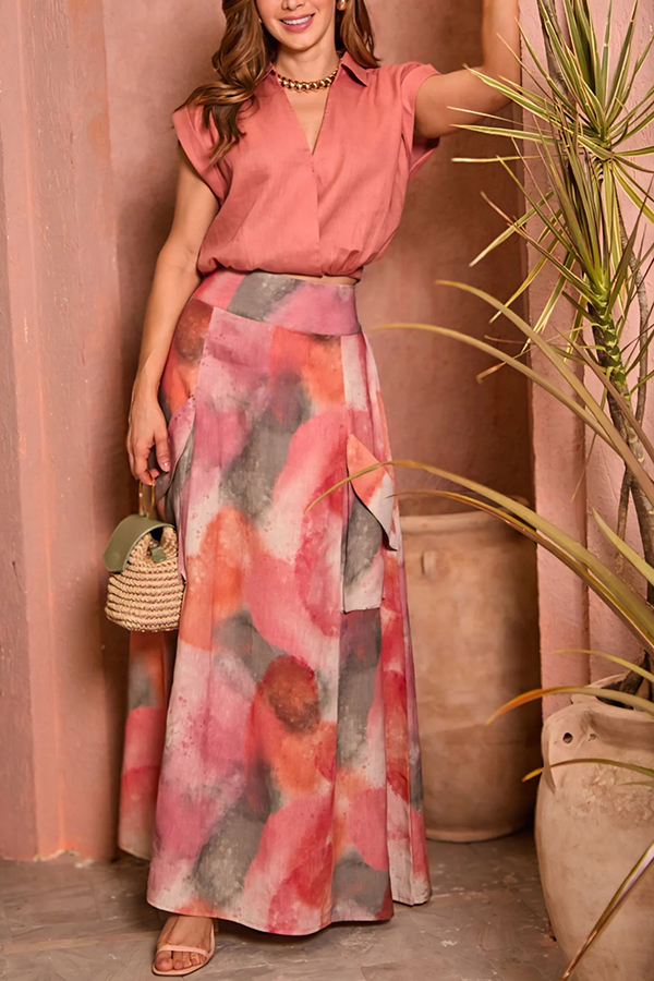 Laylin Wide Sleeve Shirt and Watercolor Print High Waist Drape Pocket Maxi Skirt Set-consonak