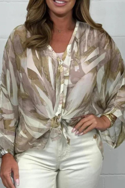Unique Printed Long Sleeve V-neck Chiffon Loose Shirt-consonak