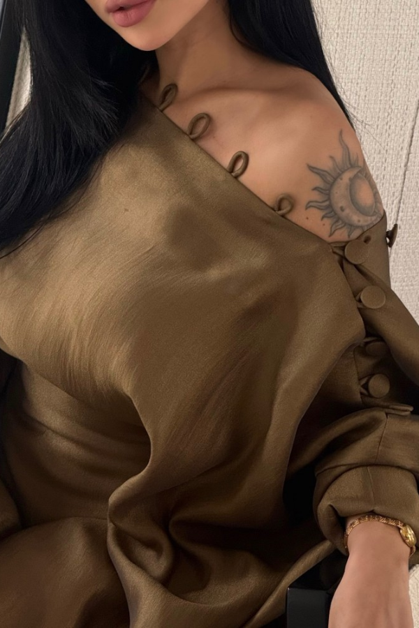 Solid Color Button-down Collar Elegant Kaftan Robe Maxi Dress-consonak