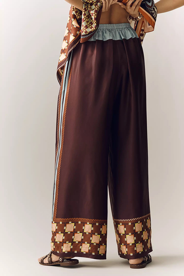 Wilson Satin Unique ColorBlock Print Scarf Top and Elastic Waist Pocket Wide Leg Pants Set-consonak