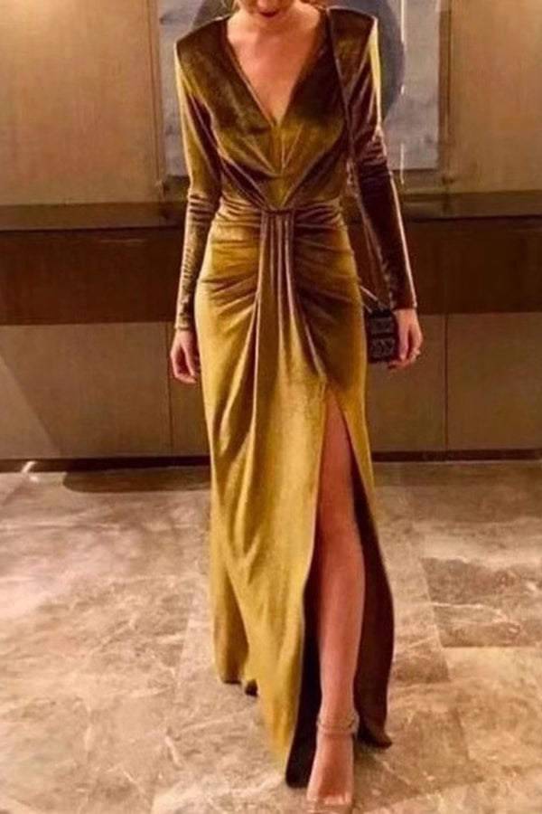 Solid Color Velvet V-neck Long Sleeve Elegant Slit Maxi Dress-consonak