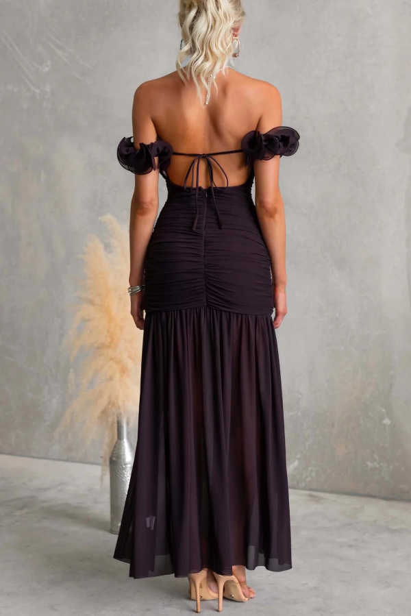 Solid Color Off-shoulder Pleated Backless Slim-fit Elegant Mesh Maxi Dress