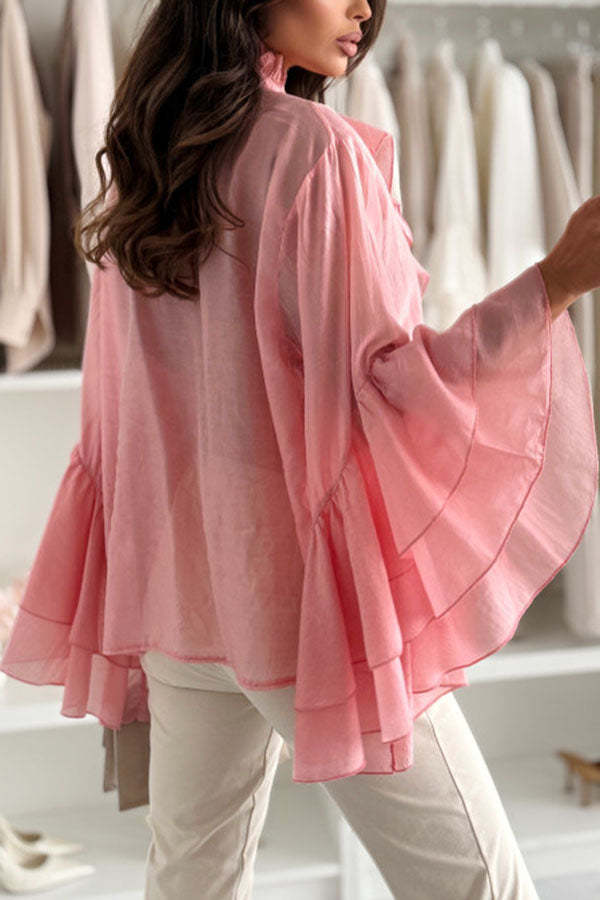 Breezy Touch Chiffon Layered Ruffles Long Bell Sleeve Button Up Loose Blouse-consonak