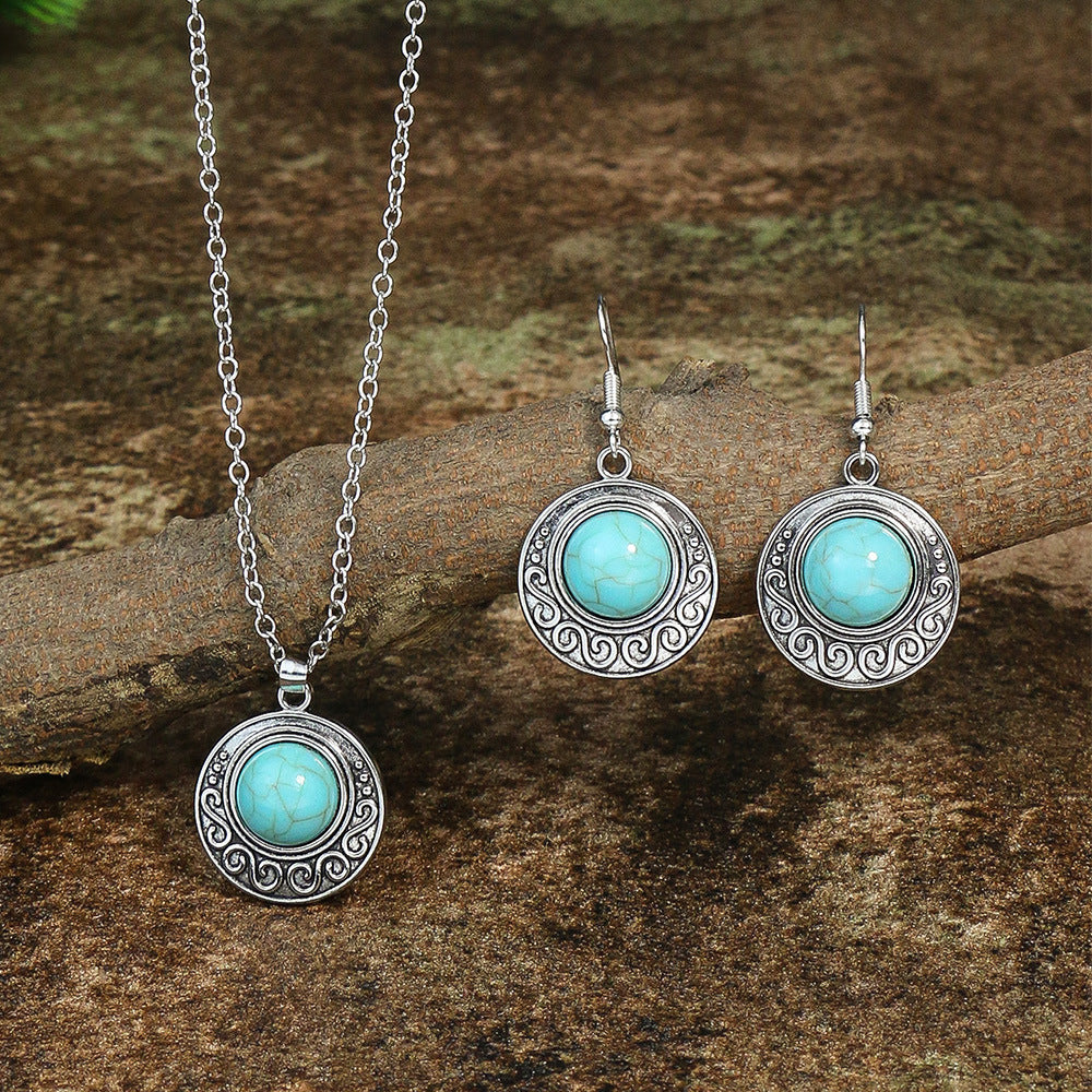 Vintage Court Ethnic Geometric Carved Turquoise Diamond Earrings Necklace Set | Consonak