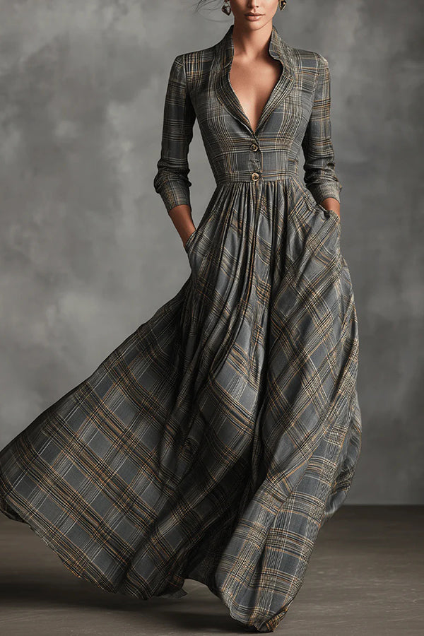 Retro Plaid Print Long-sleeved Shirt Style Casual Maxi Dress-consonak