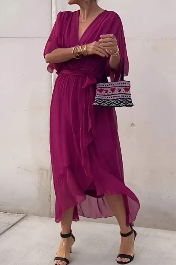 Solid Color V-neck Bat Sleeve Lace-up Irregular Hem Midi Dress-consonak