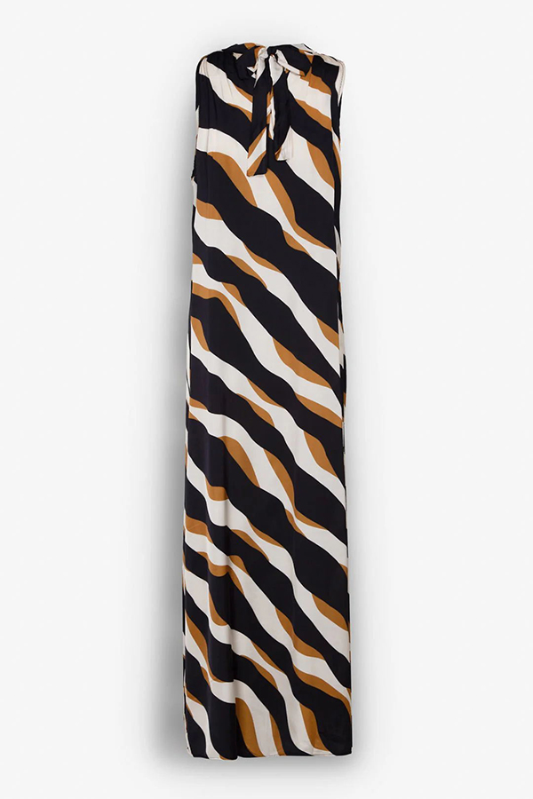 Uptown Cafe Satin Color Block Print Tie-up Neck Maxi Dress-consonak