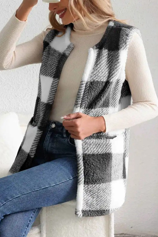Fashionable Plaid Loose Pocket Sleeveless Jacket-consonak