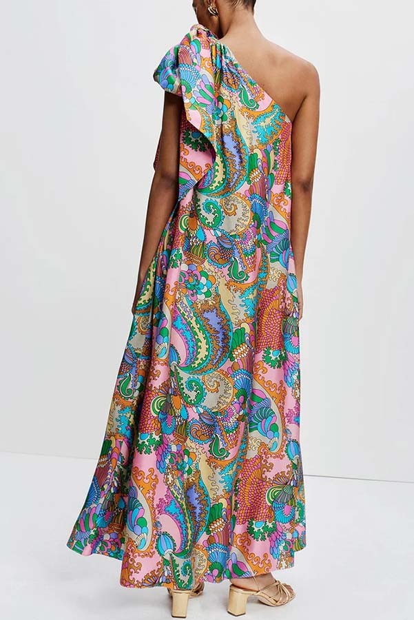 Rainbow Breeze Satin Unique Print Bow One Shoulder Loose Maxi Dress-consonak