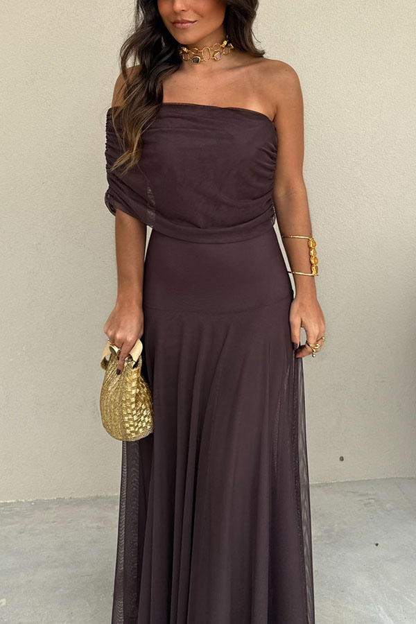 In My Arms Mesh Ruched Strapless Paneled Drape Flare Maxi Dress-consonak