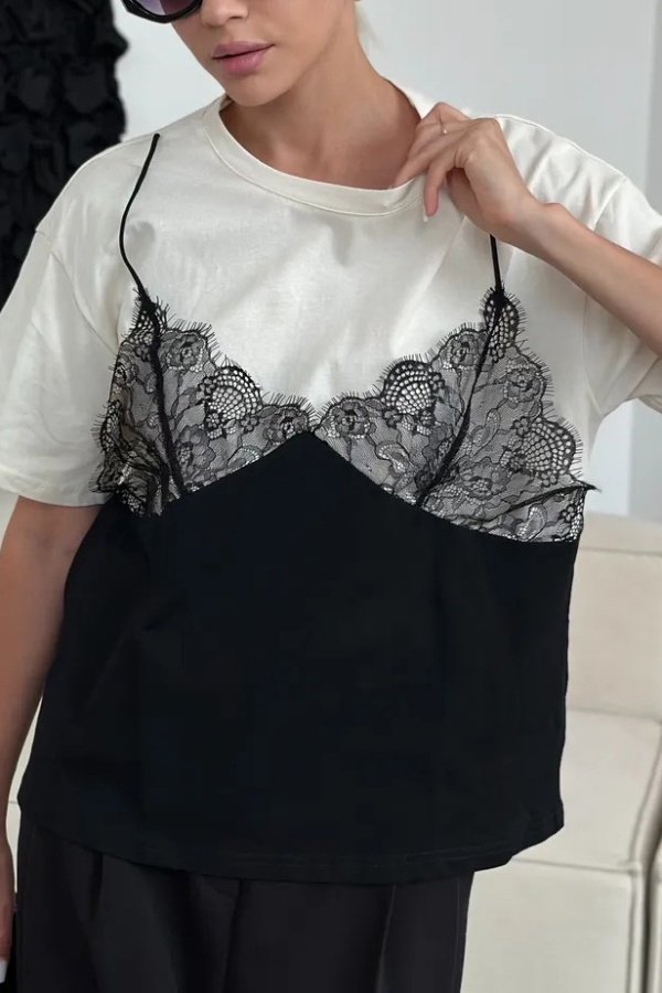 Fashionable Lace Patchwork Loose-fitting Round Neck Short-sleeved T-shirt