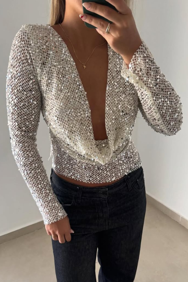 Fashionable Sequined Fishnet Casual Long-sleeved Top-consonak