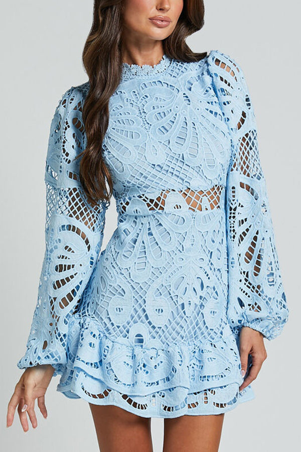 Solid Color Hollow Long-sleeved Waisted Lace Mini Dress | Consonak