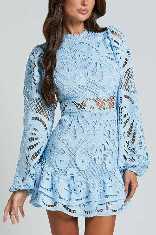 Solid Color Hollow Long-sleeved Waisted Lace Mini Dress-consonak