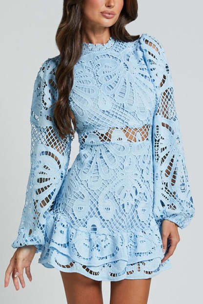 Solid Color Hollow Long-sleeved Waisted Lace Mini Dress-consonak
