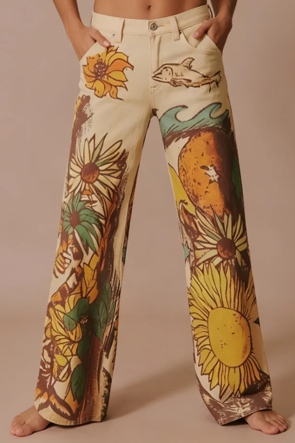 We The Free Denim Playful Doodle Printed Mid Rise Pocket Wide Leg Jeans | Consonak