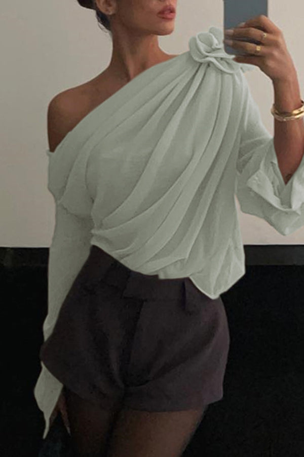 Beautiful Three Dimensional Flower Tulle Off Shoulder Long Sleeved Blouse-consonak