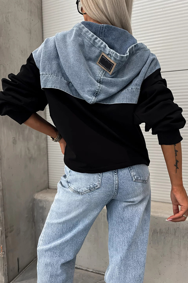 All The Time Denim Patchwork Soft Fabric Kangaroo Pocket Loose Hoodie-consonak