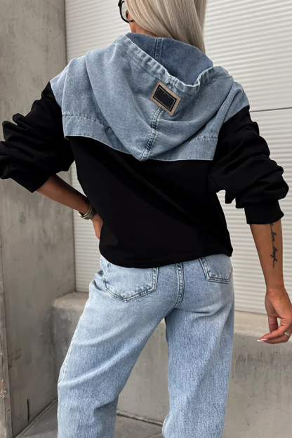 All The Time Denim Patchwork Soft Fabric Kangaroo Pocket Loose Hoodie-consonak