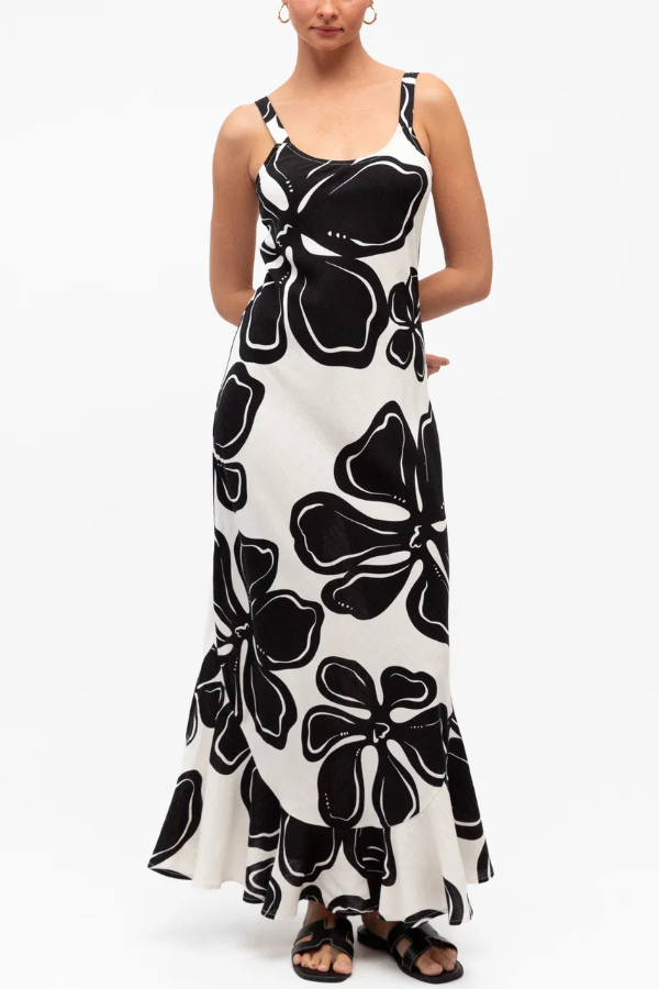 Color-blocked Floral Print Sleeveless Slim-fit Elegant Ruffled Hem Maxi Dress | Consonak