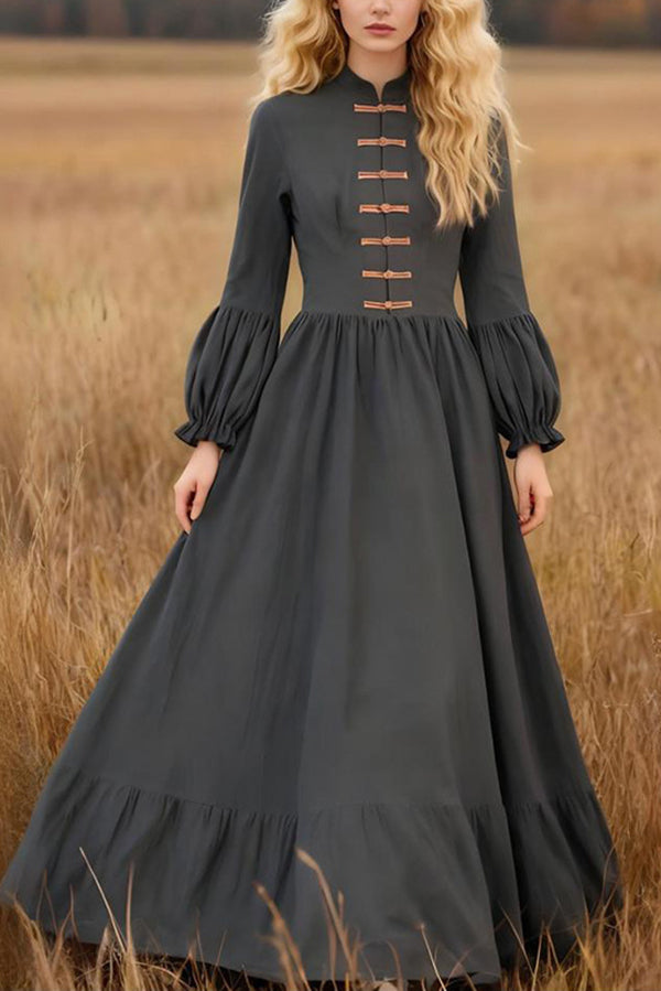 Linen Blend Vintage Long-sleeved Casual Holiday Maxi Dress-consonak